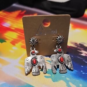 Silver and Red Bird Motif Earrings